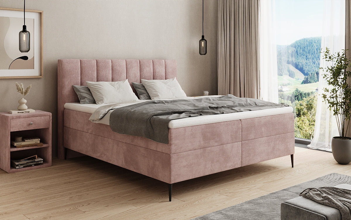 Lit boxspring Lucca en Côtelé avec rangement et pieds