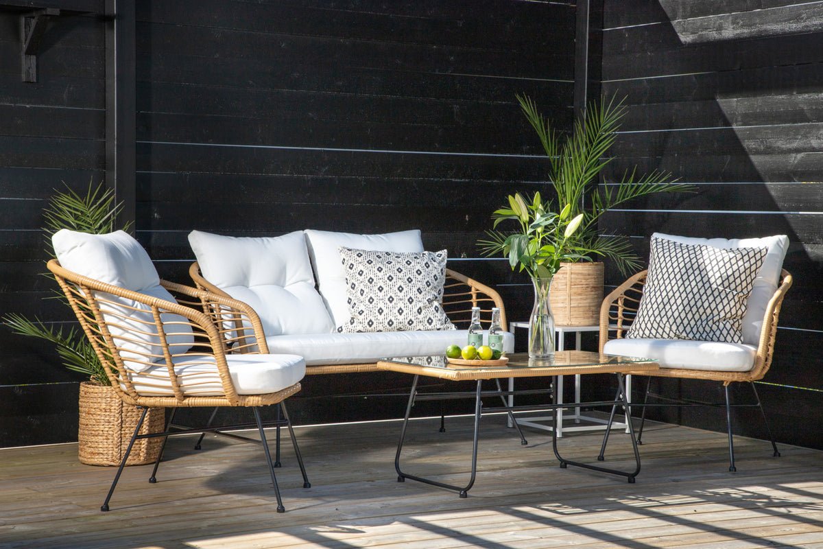 Ensemble lounge de jardin Raina – ensemble 4 pièces avec plateau en verre et coussins