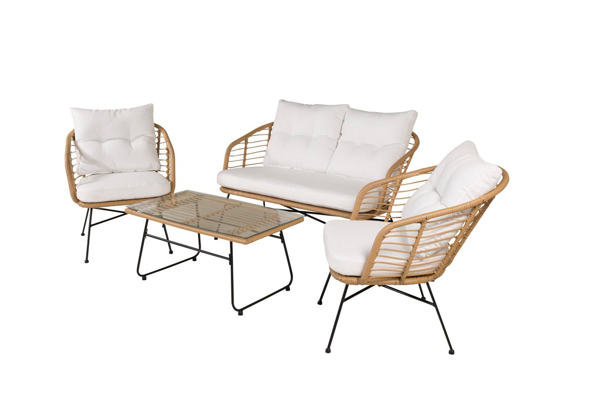 Ensemble lounge de jardin Raina – ensemble 4 pièces avec plateau en verre et coussins