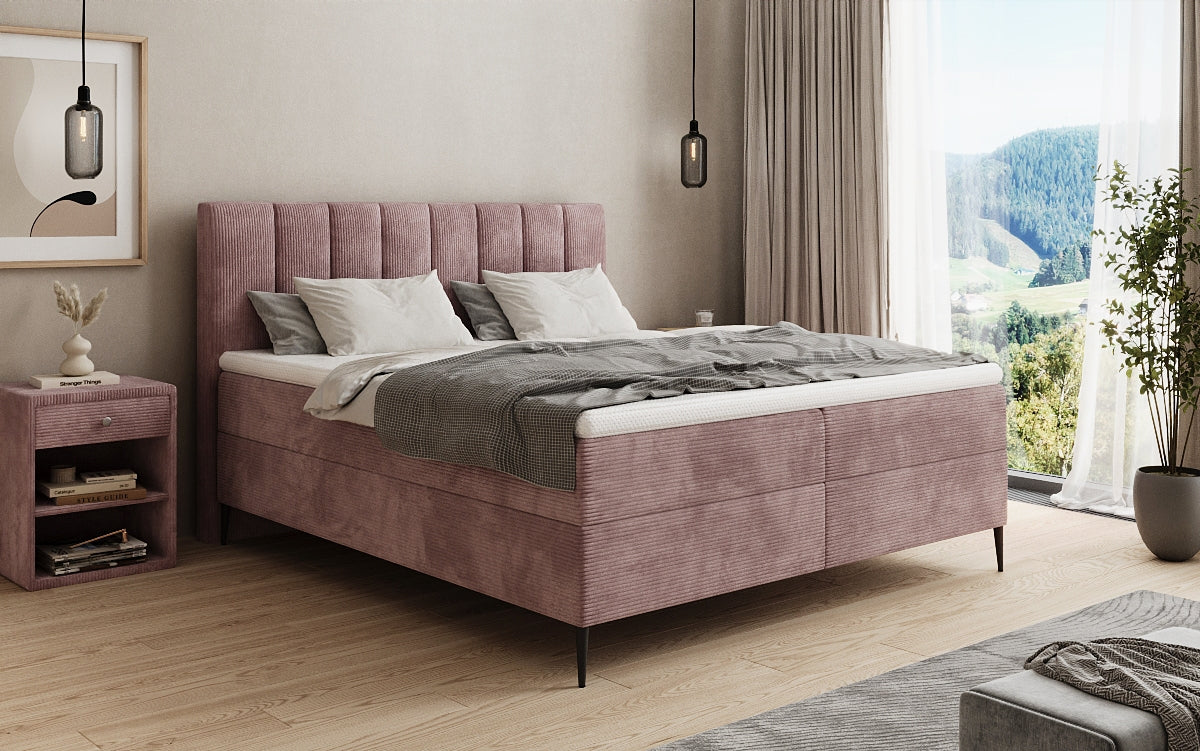 Lit boxspring Lucca en Côtelé avec rangement et pieds