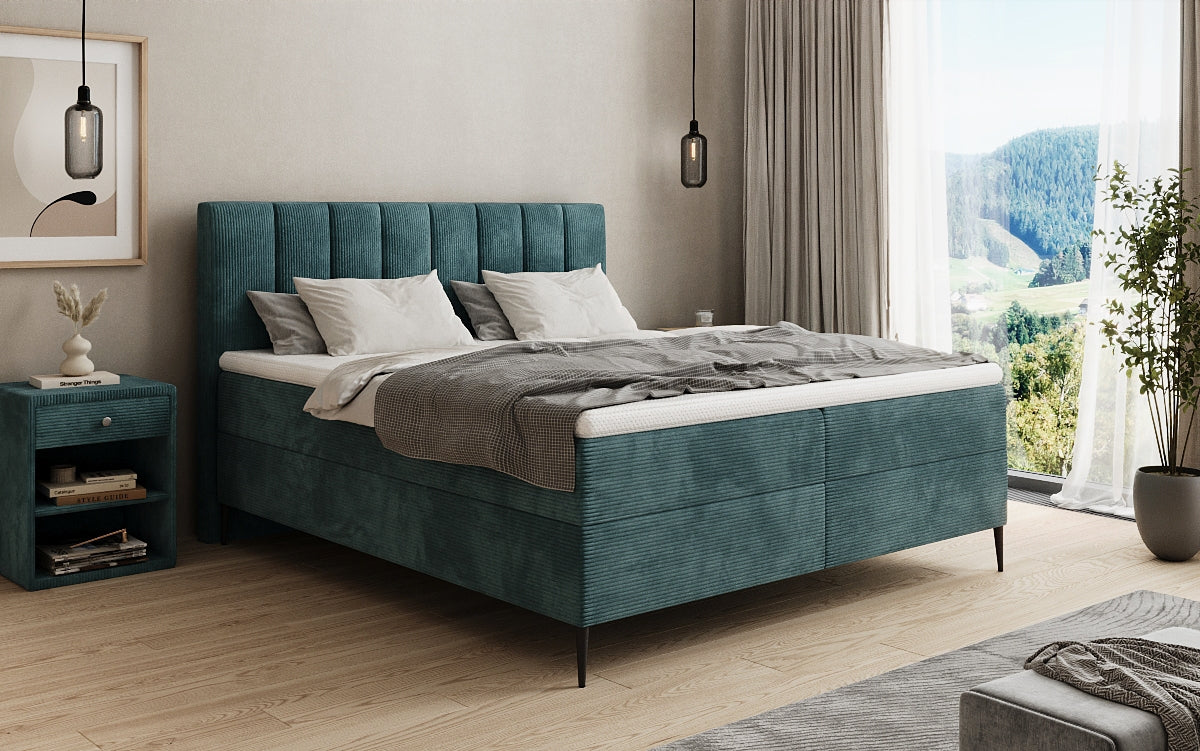Lit boxspring Lucca en Côtelé avec rangement et pieds