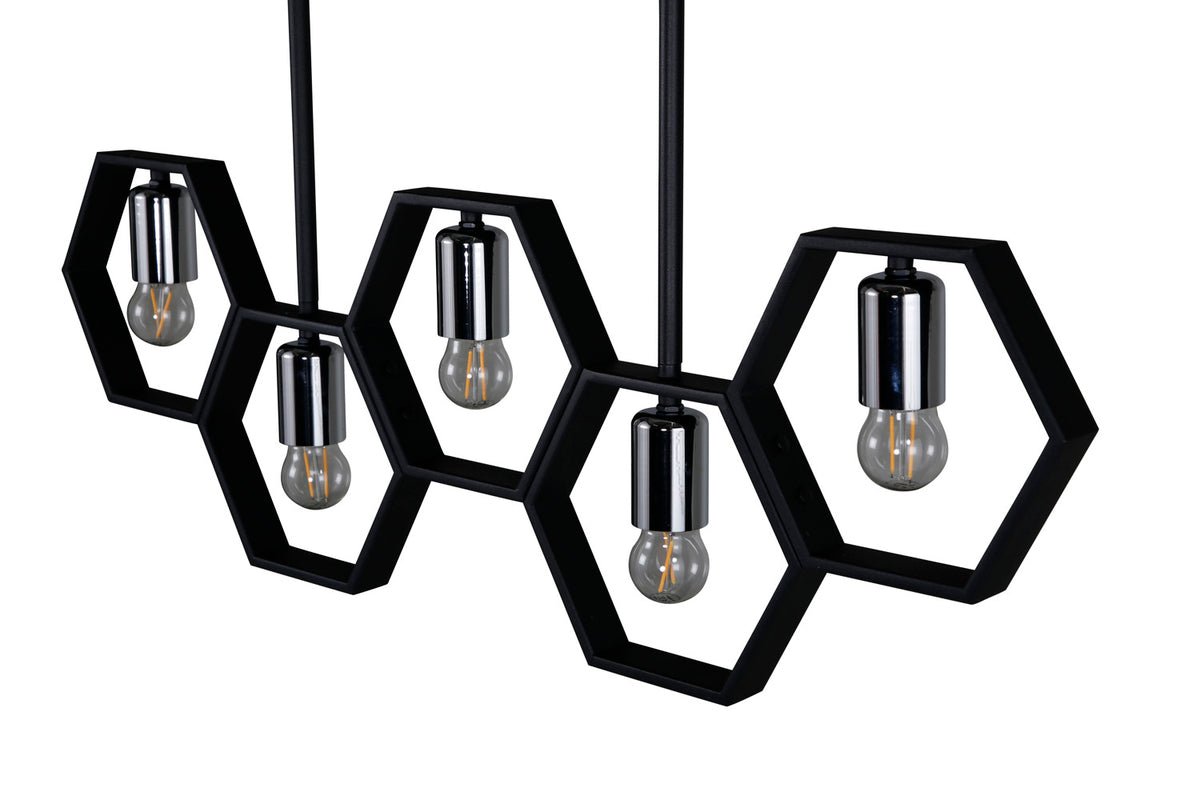Suspension « Bwindi » – cadre en acier noir avec quatre petites sources lumineuses