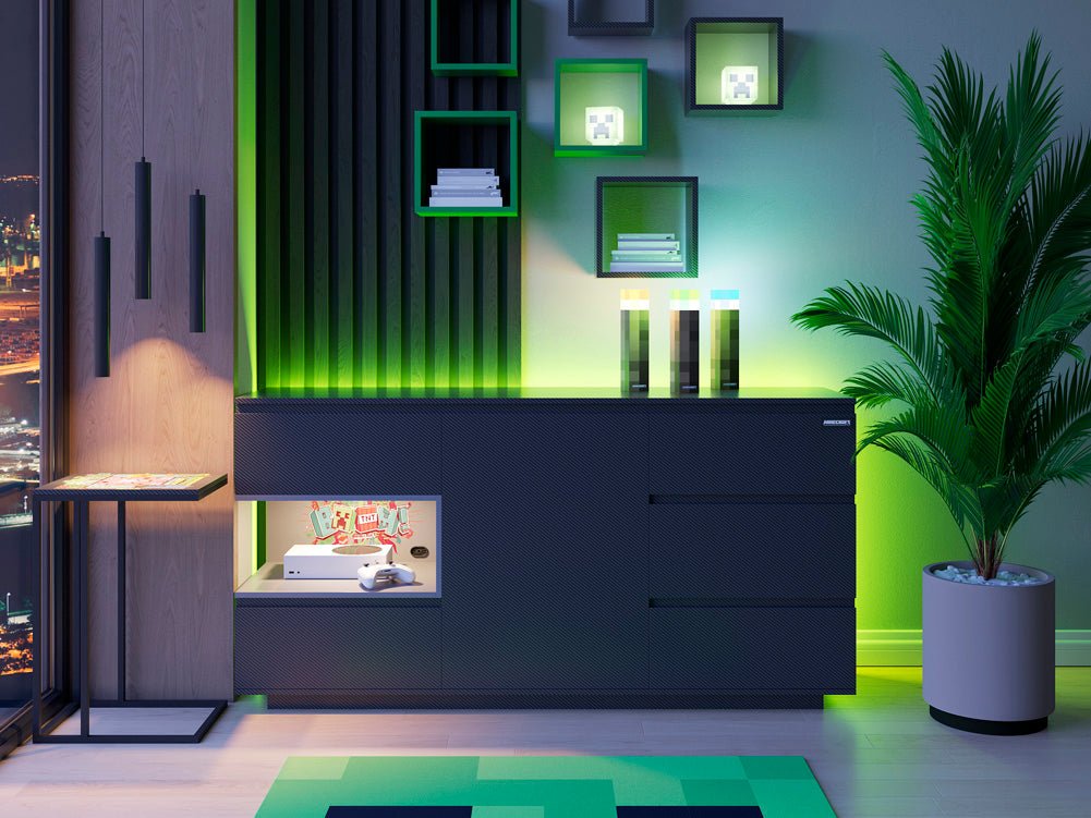 Commode Minecraft « PixelVault » – avec LED, 5 tiroirs et compartiment pour console