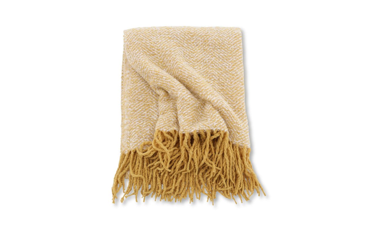 Couverture de jour Velora jaune – 170×130 cm avec franges et tissage structuré