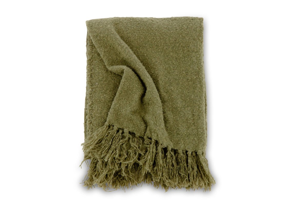 Couverture de jour Stanley vert mousse – 170×130 cm avec texture et franges