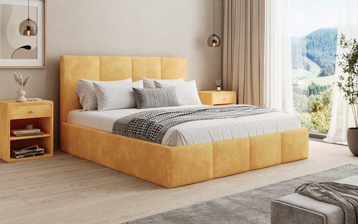 Designer Polsterbett Mina in Cord mit Stauraum