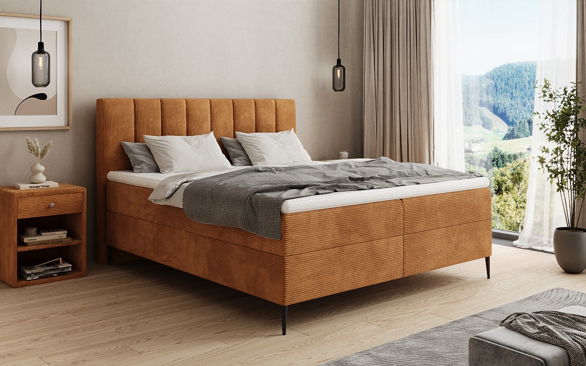 Lit boxspring Lucca en Côtelé avec rangement et pieds
