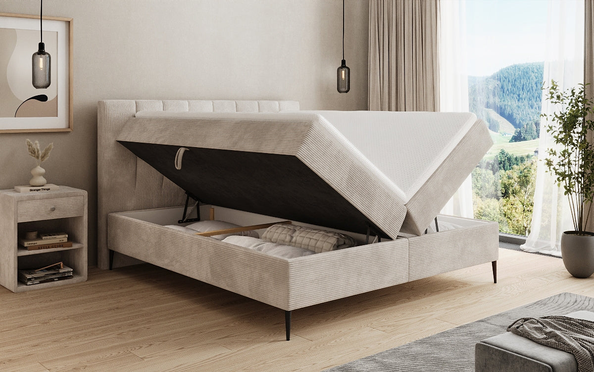 Lit boxspring Lucca en Côtelé avec rangement et pieds