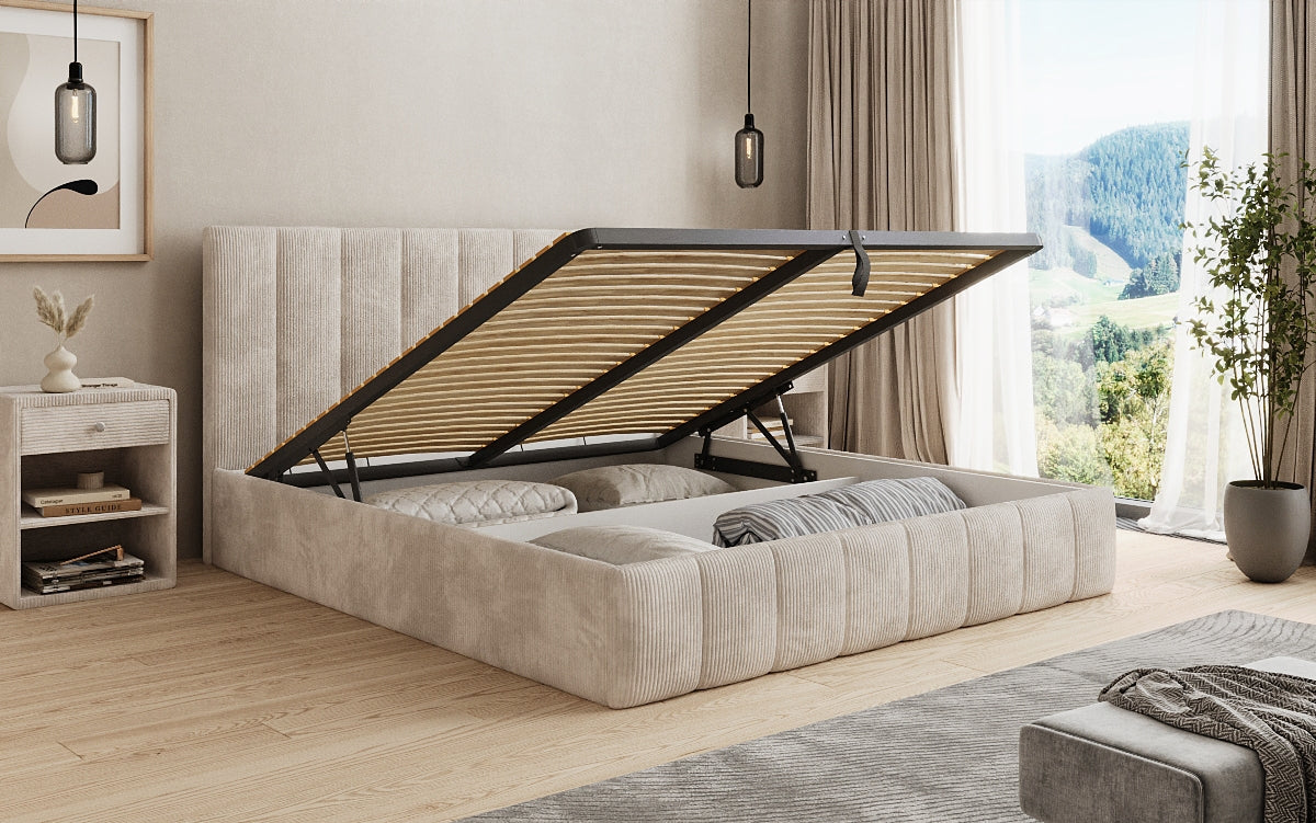 Lit rembourré design Mila en Côtelé avec espace de rangement