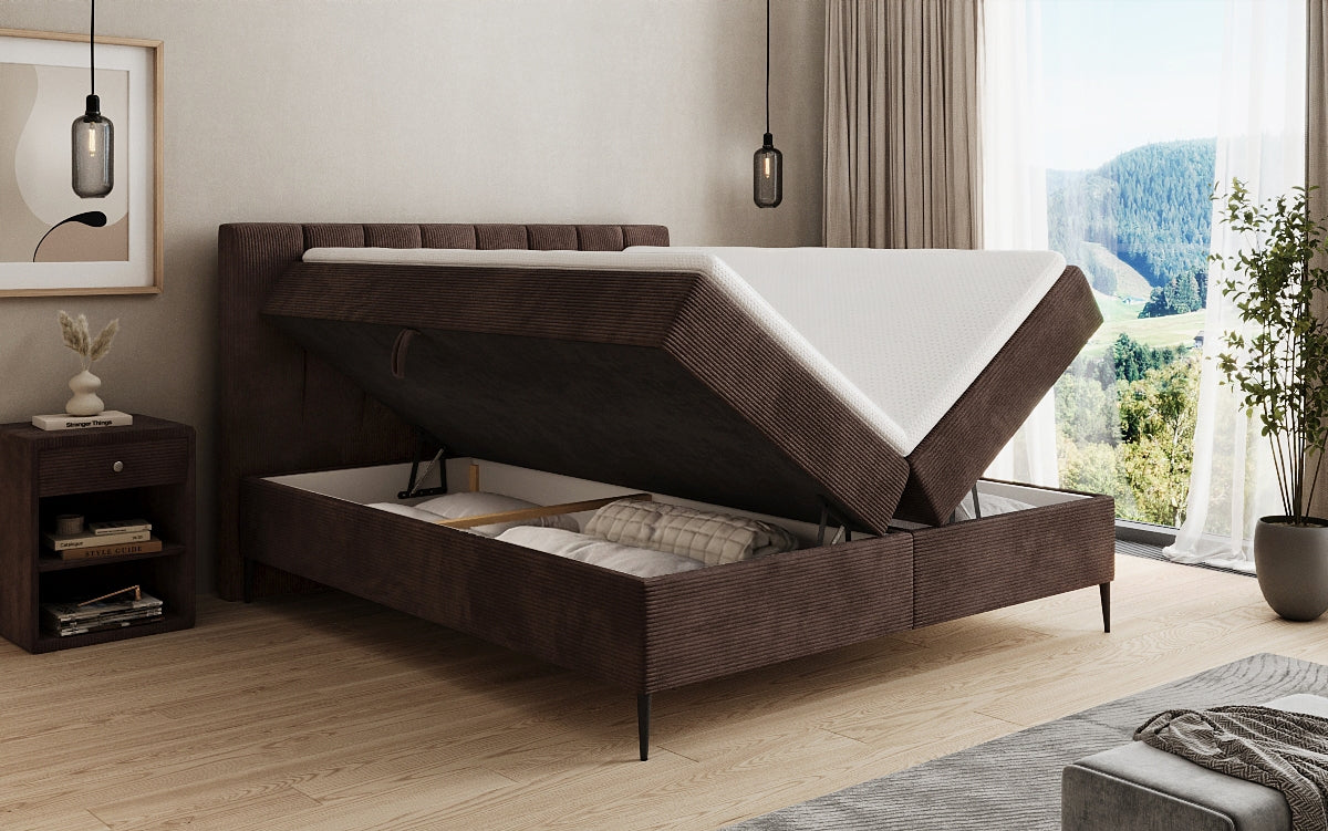 Lit boxspring Lucca en Côtelé avec rangement et pieds