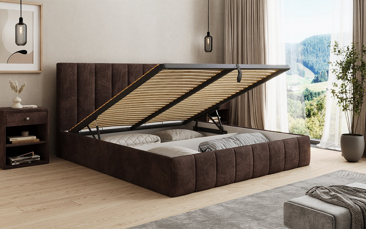 Lit rembourré design Mila en Côtelé avec espace de rangement