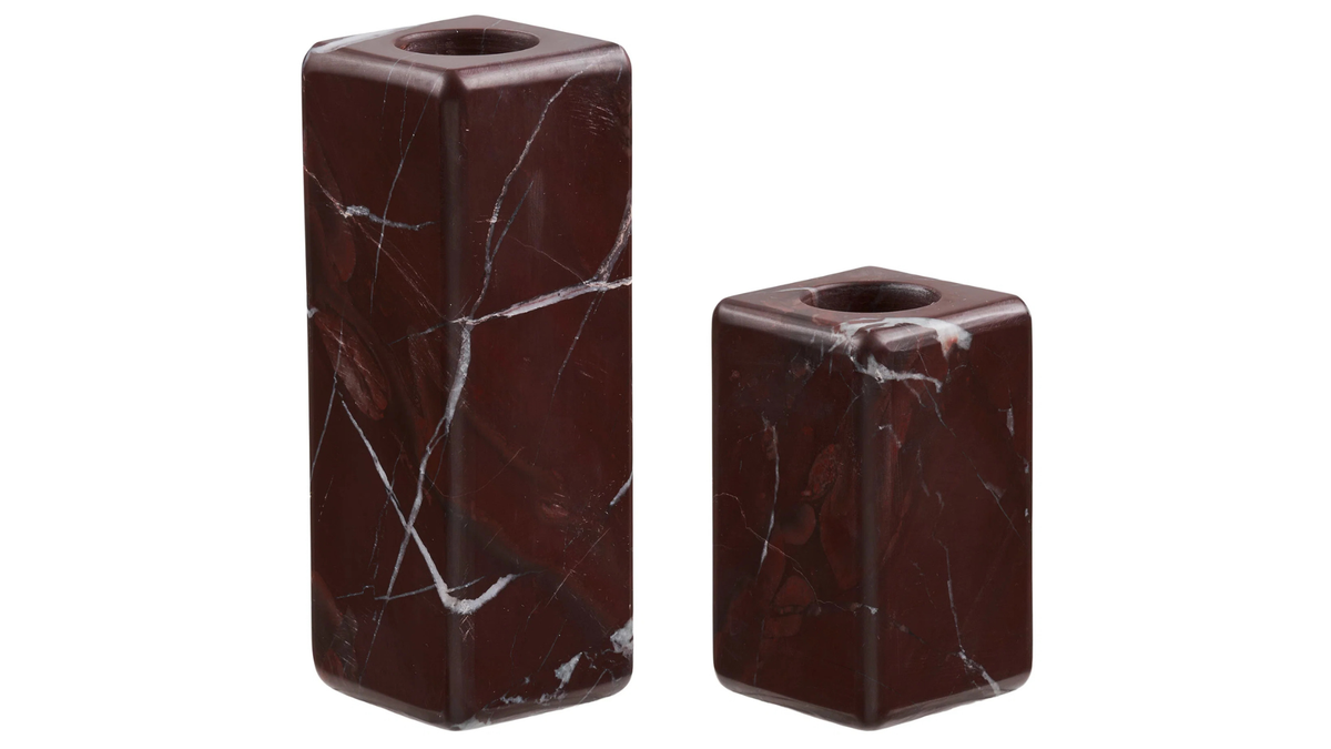 Lot de 2 bougeoirs William - en marbre rouge châtaigne
