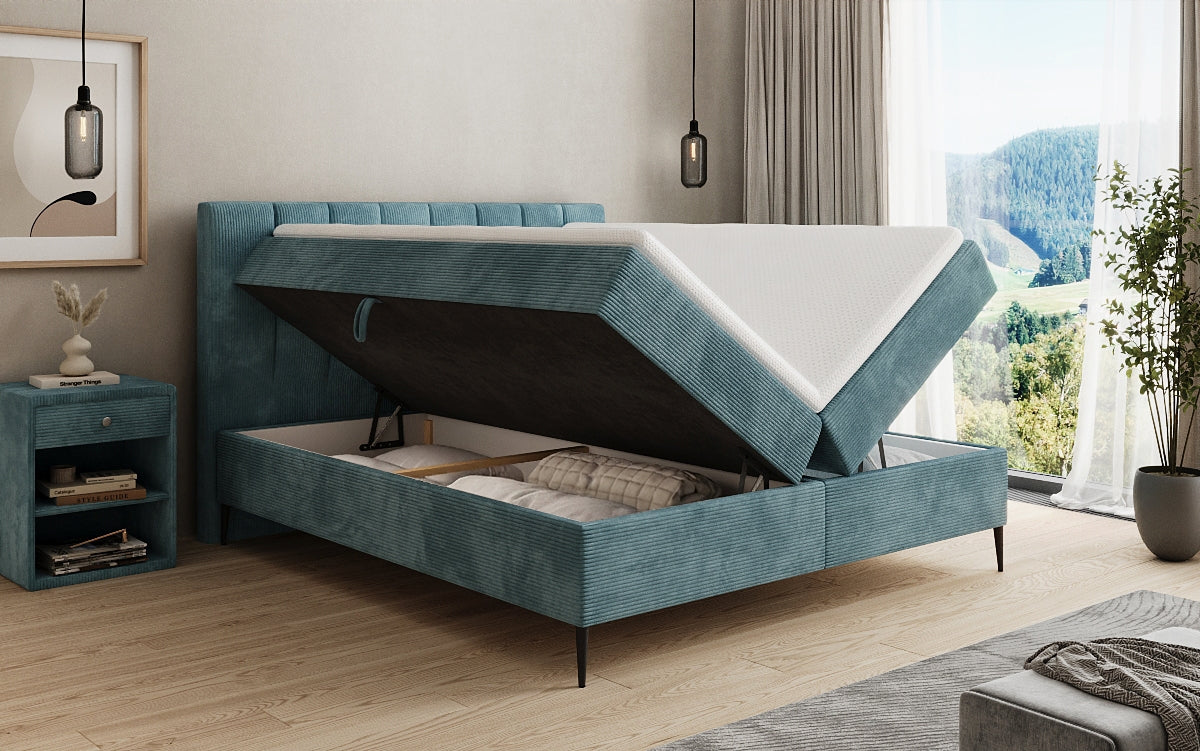 Lit boxspring Lucca en Côtelé avec rangement et pieds