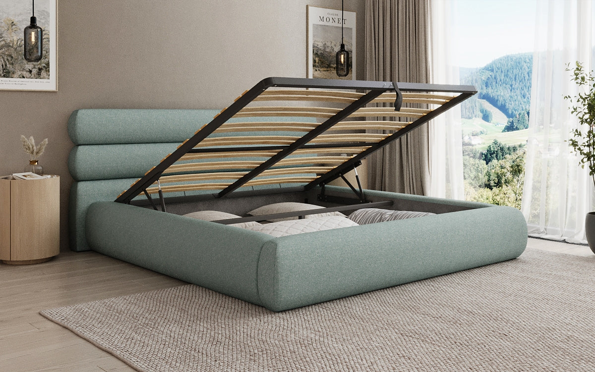 Lit rembourré design Joline en tissu structuré avec espace de rangement