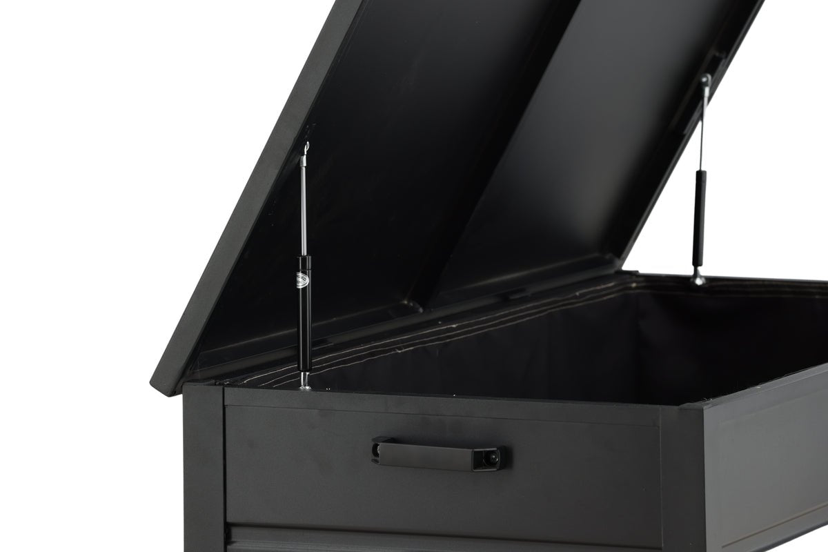 Coffre à coussins de jardin Ludmilla - structure en aluminium noire avec pochette intérieure incluse