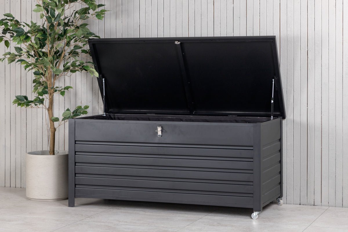 Coffre à coussins de jardin Ludmilla - structure en aluminium noire avec pochette intérieure incluse
