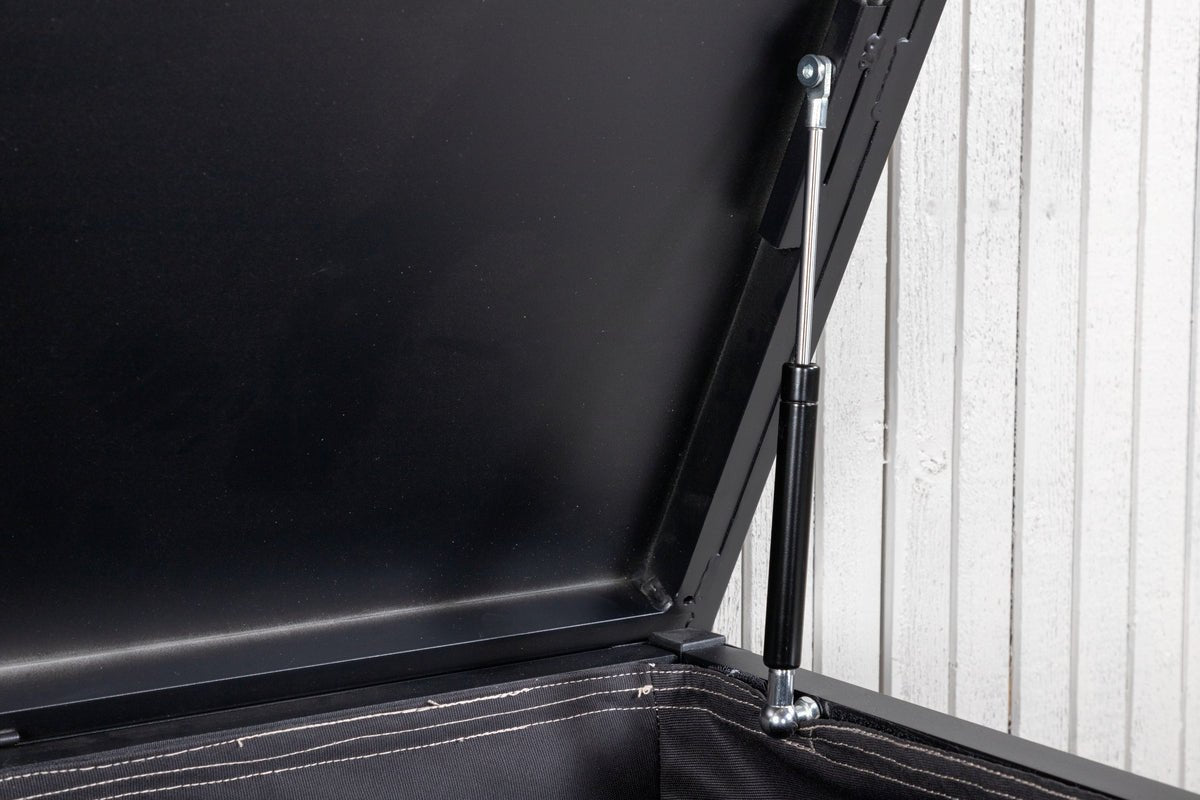 Coffre à coussins de jardin Ludmilla - structure en aluminium noire avec pochette intérieure incluse