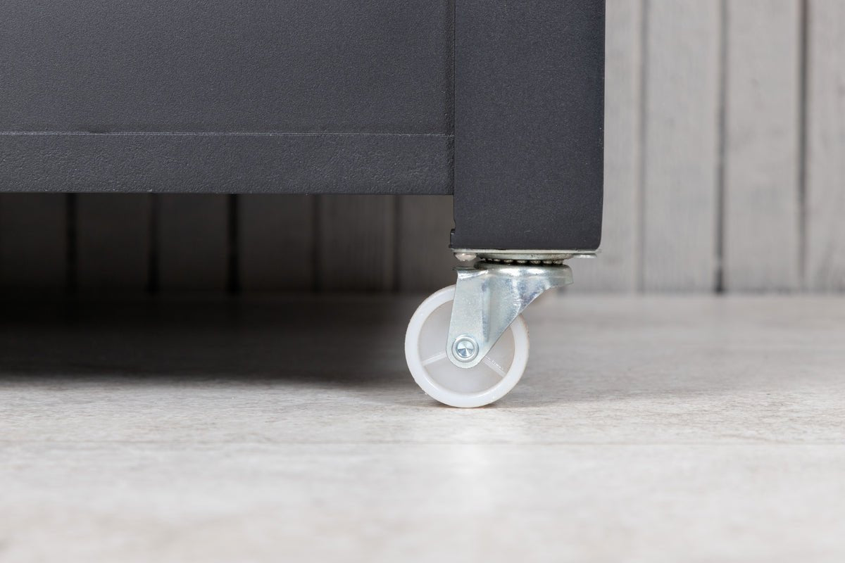 Coffre à coussins de jardin Ludmilla - structure en aluminium noire avec pochette intérieure incluse