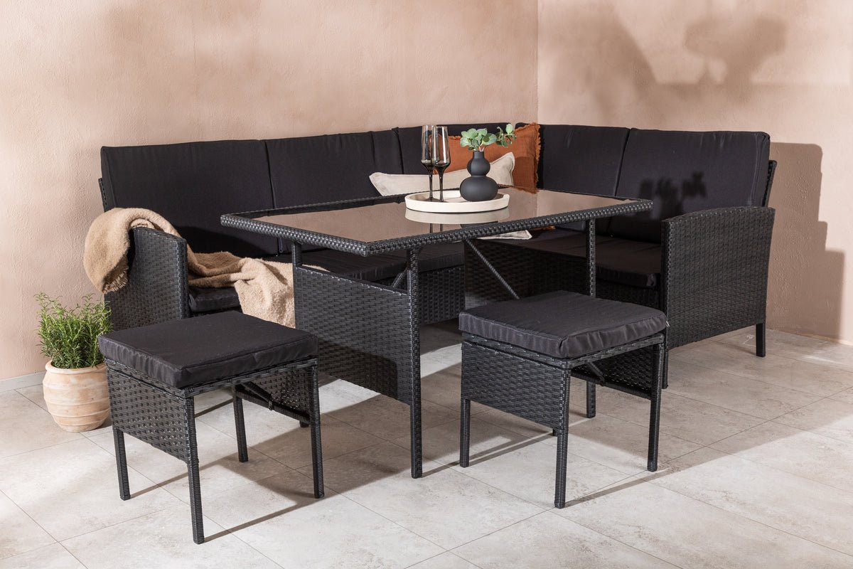 Ensemble lounge de jardin Jess – 5 pièces en rotin synthétique noir avec table en verre