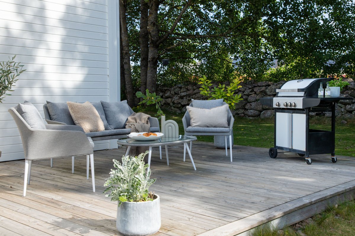 Ensemble lounge de jardin Morena - en blanc avec tissu gris