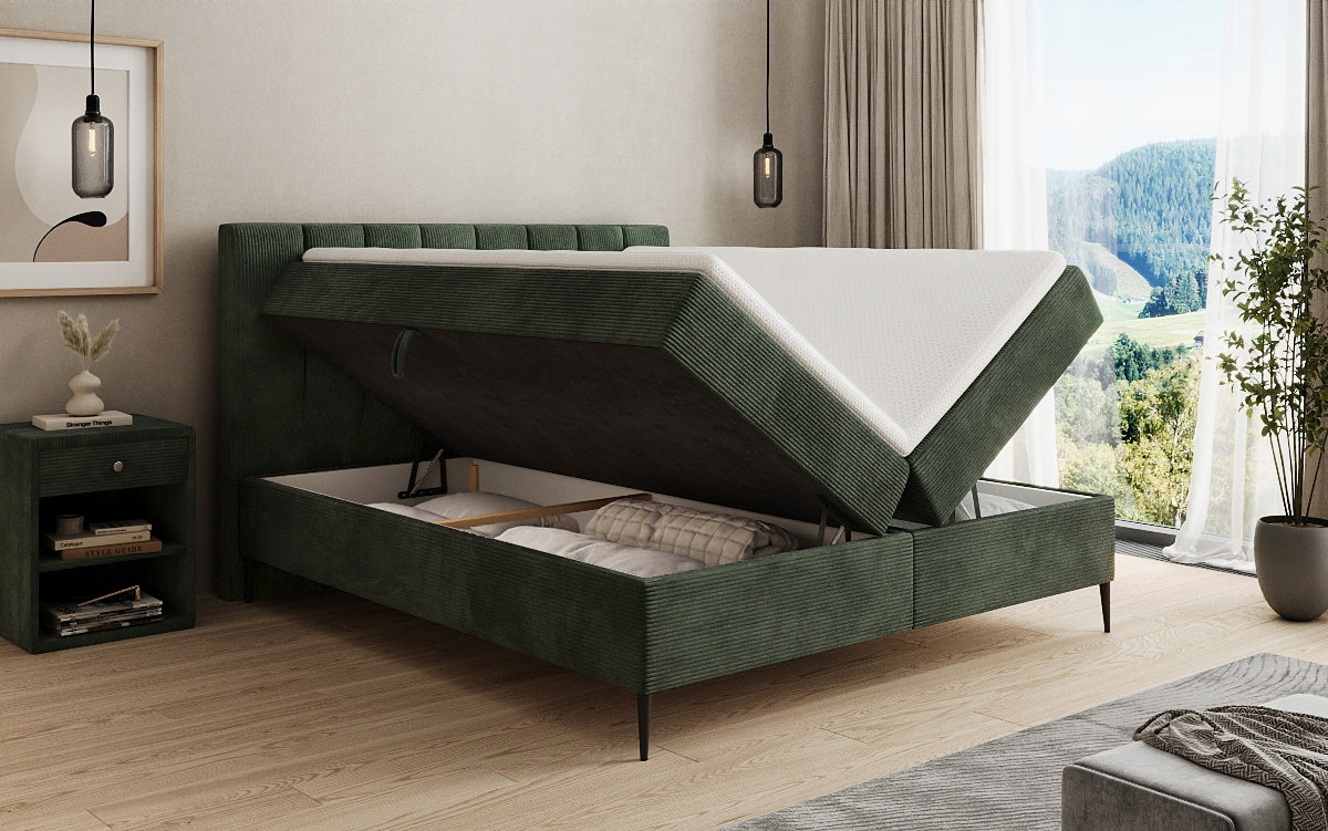 Lit boxspring Lucca en Côtelé avec rangement et pieds