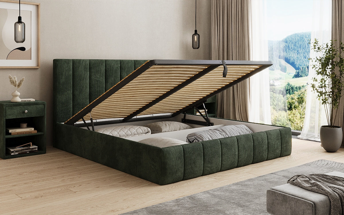 Lit rembourré design Mila en Côtelé avec espace de rangement