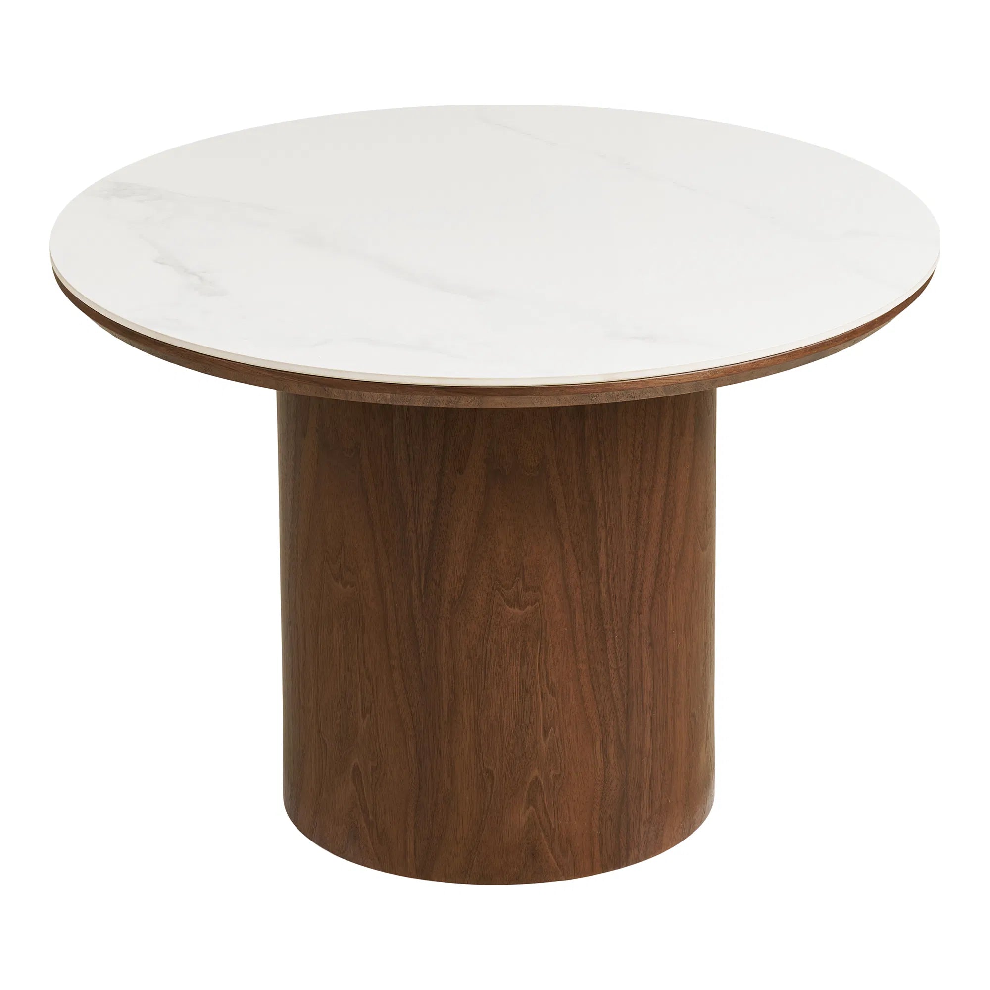 Table basse Lunaro – avec plateau en céramique rond blanc et pied cylindrique en bois