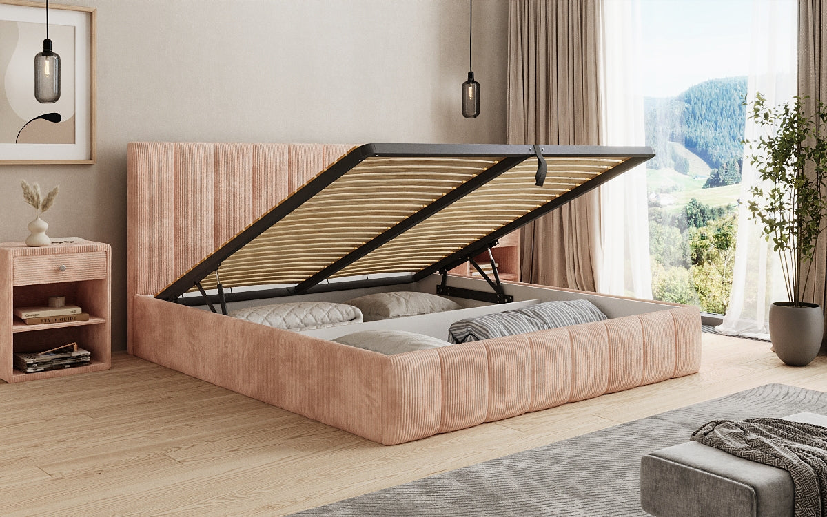 Lit rembourré design Mila en Côtelé avec espace de rangement