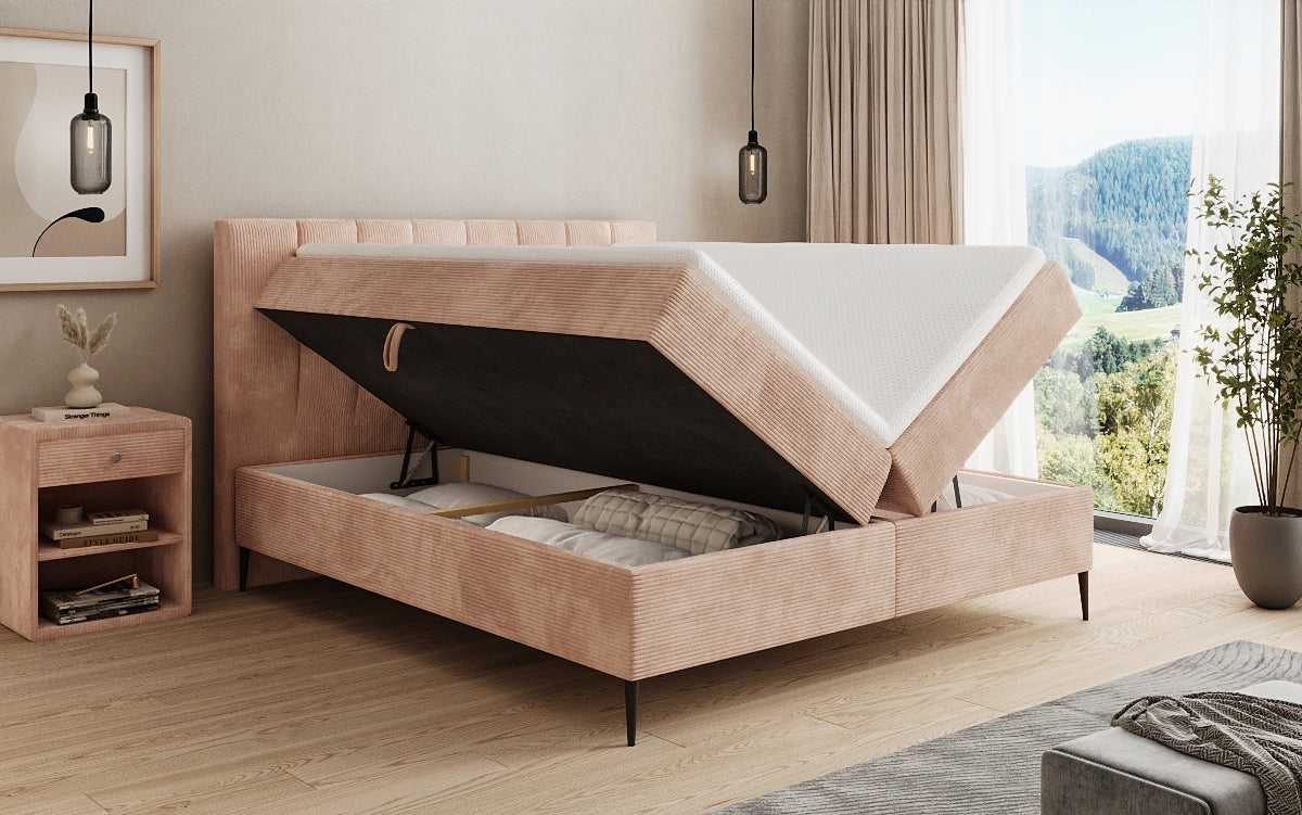 Lit boxspring Lucca en Côtelé avec rangement et pieds