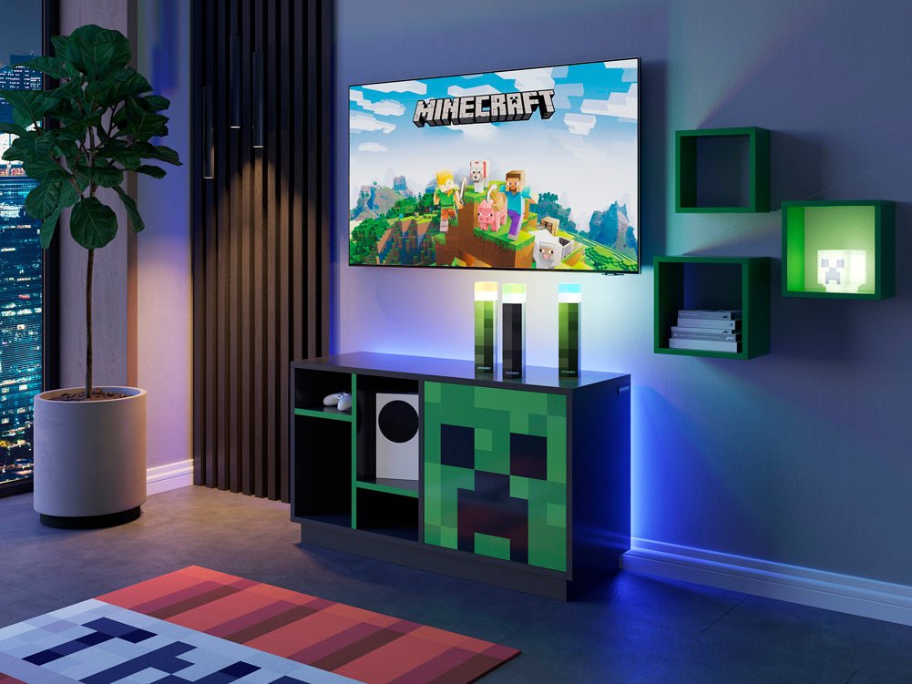 Meuble TV Minecraft « CreeperCube » – avec porte Push-Open et compartiments ouverts