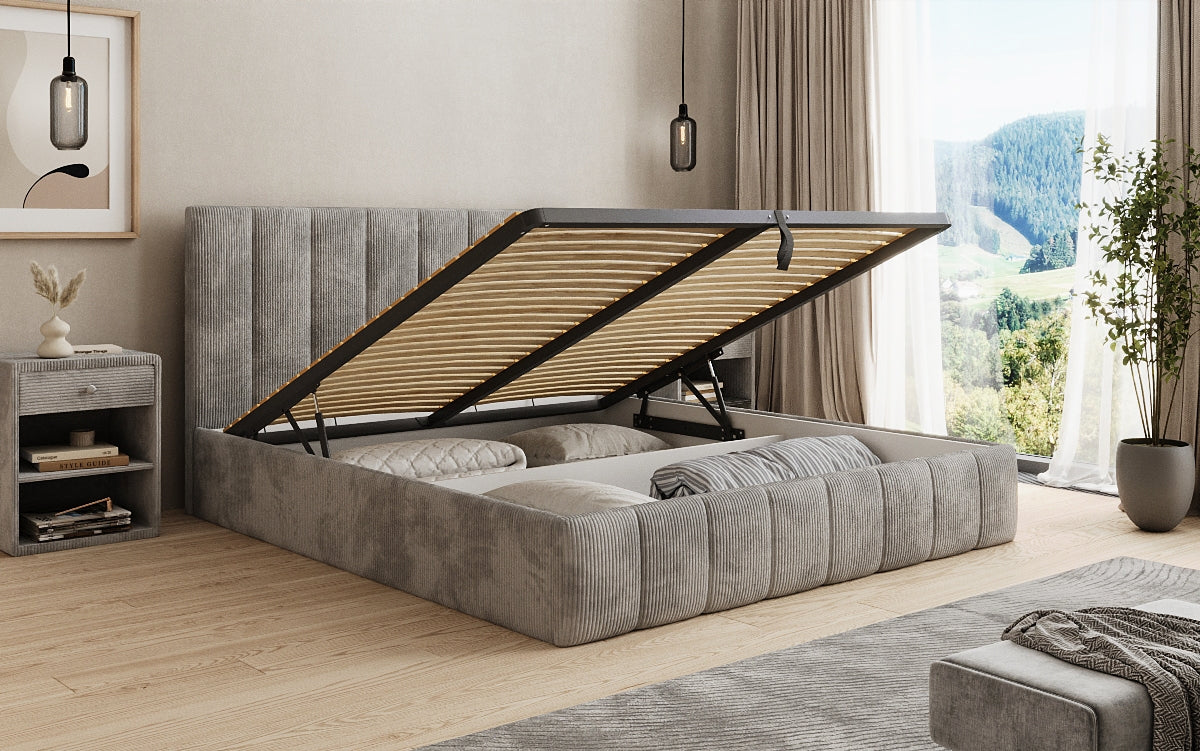 Lit rembourré design Mila en Côtelé avec espace de rangement