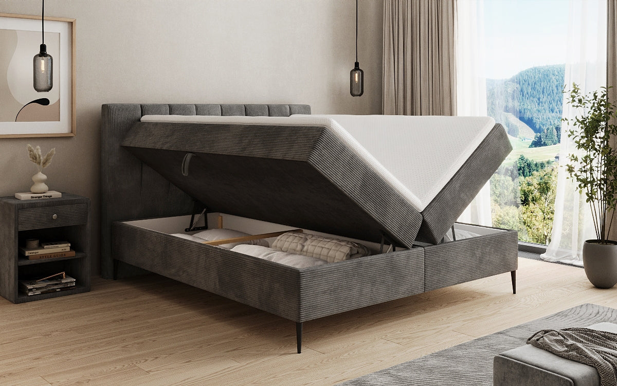 Lit boxspring Lucca en Côtelé avec rangement et pieds