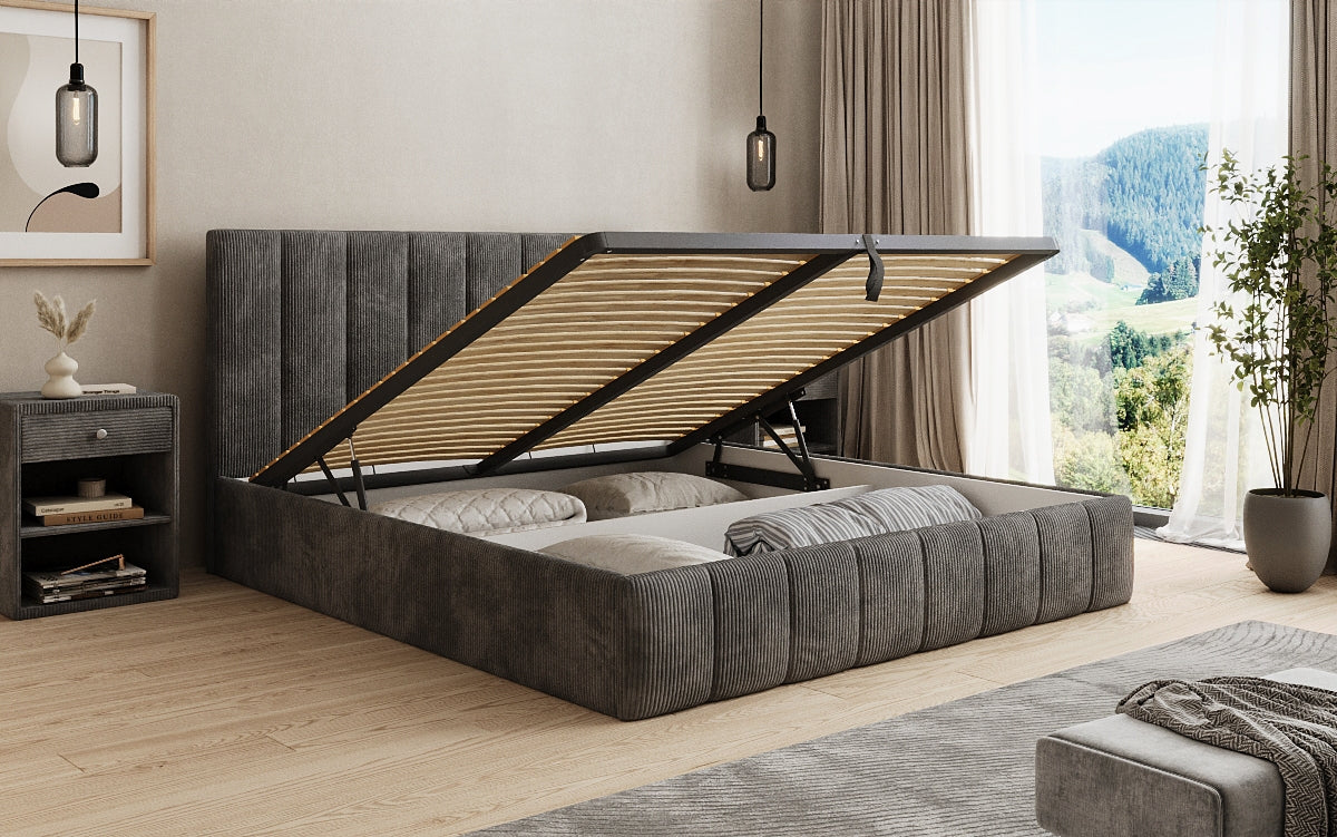 Lit rembourré design Mila en Côtelé avec espace de rangement