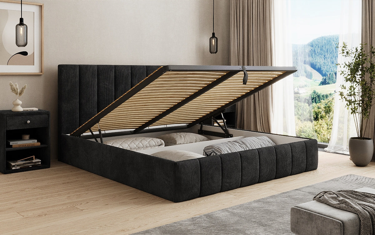 Lit rembourré design Mila en Côtelé avec espace de rangement