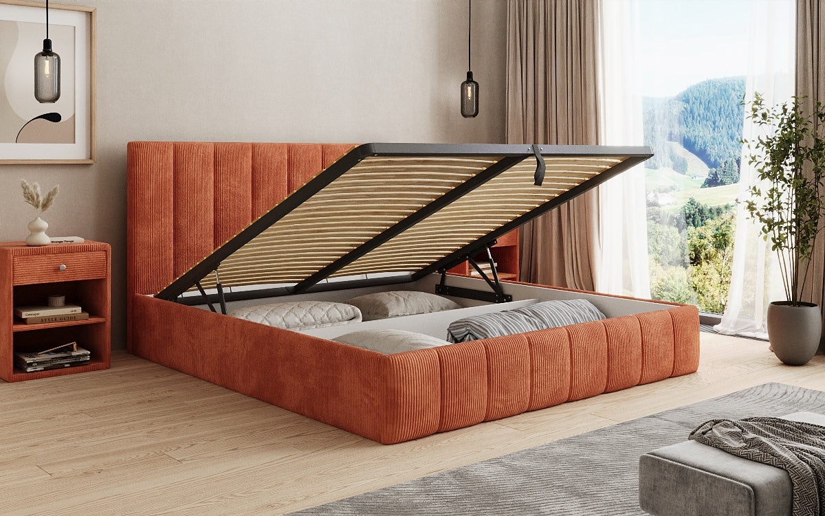 Lit rembourré design Mila en Côtelé avec espace de rangement