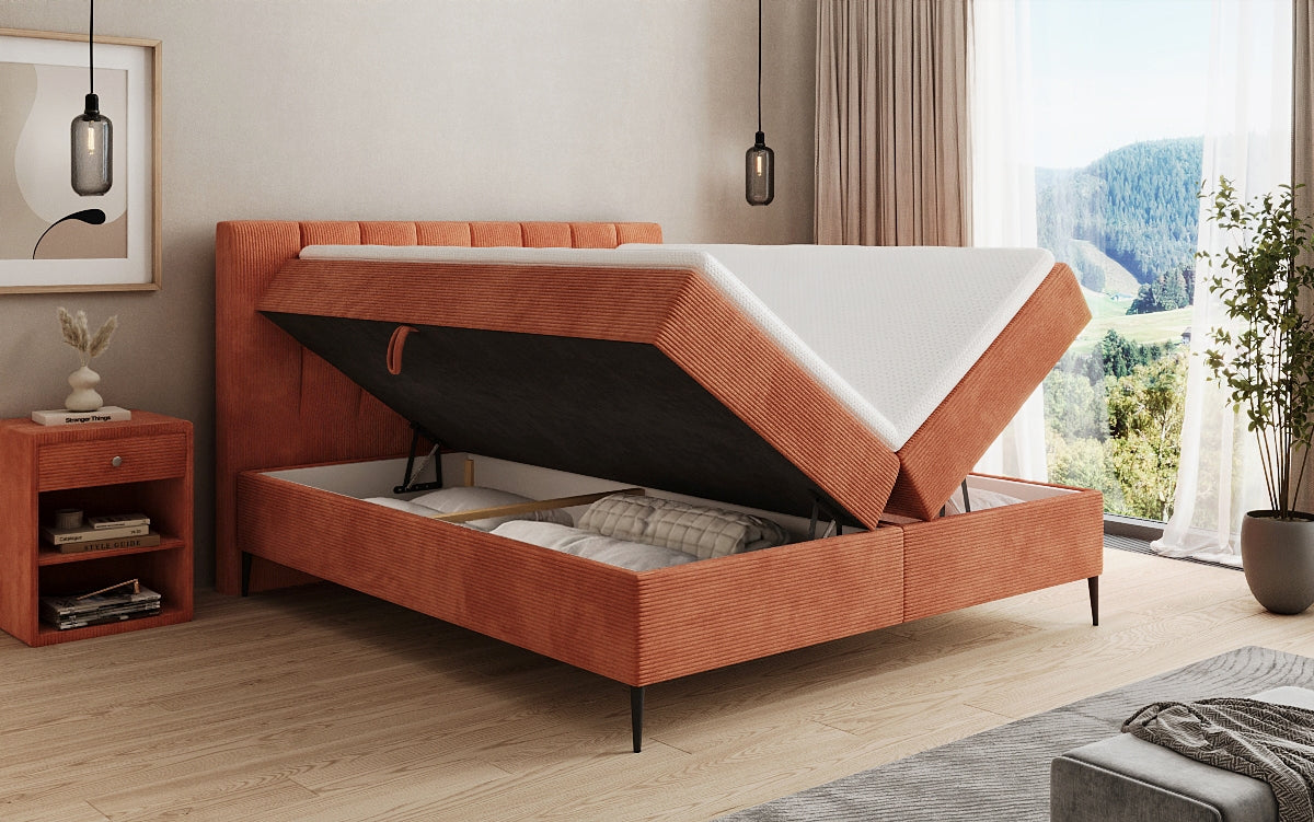 Lit boxspring Lucca en Côtelé avec rangement et pieds