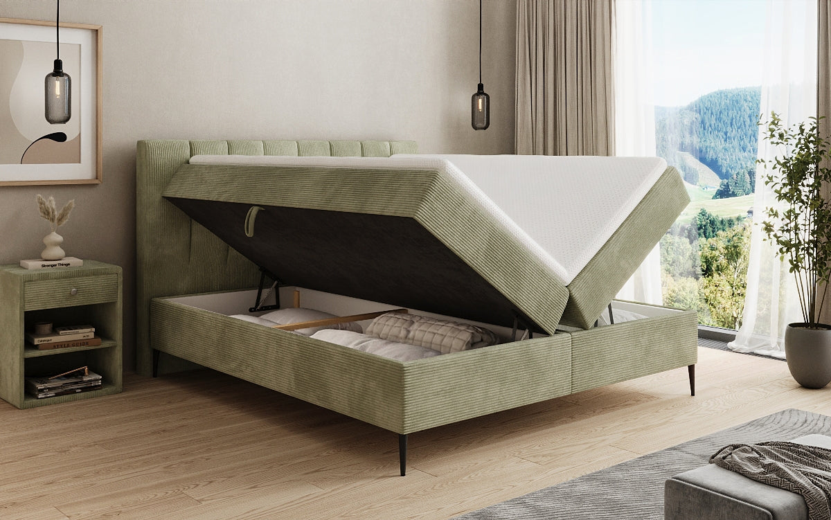 Lit boxspring Lucca en Côtelé avec rangement et pieds