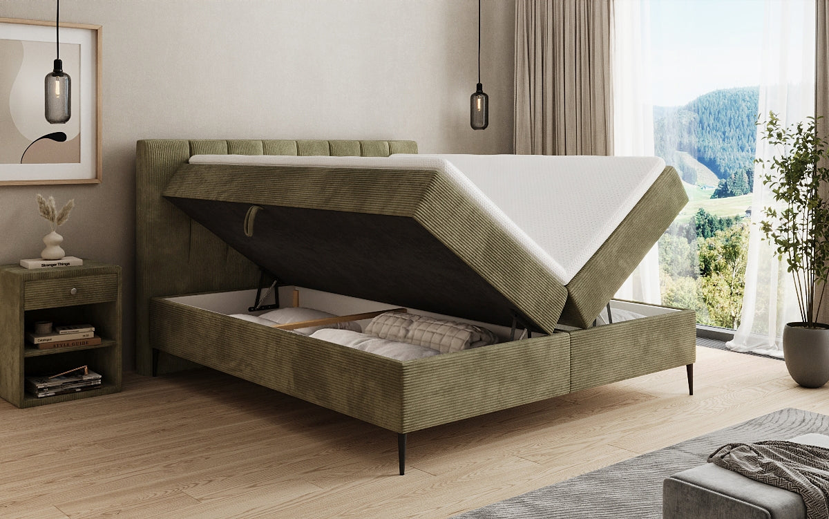 Lit boxspring Lucca en Côtelé avec rangement et pieds