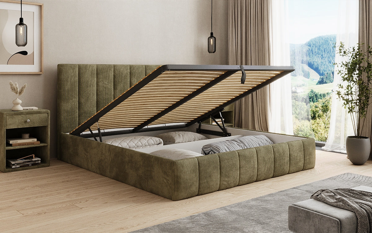 Lit rembourré design Mila en Côtelé avec espace de rangement