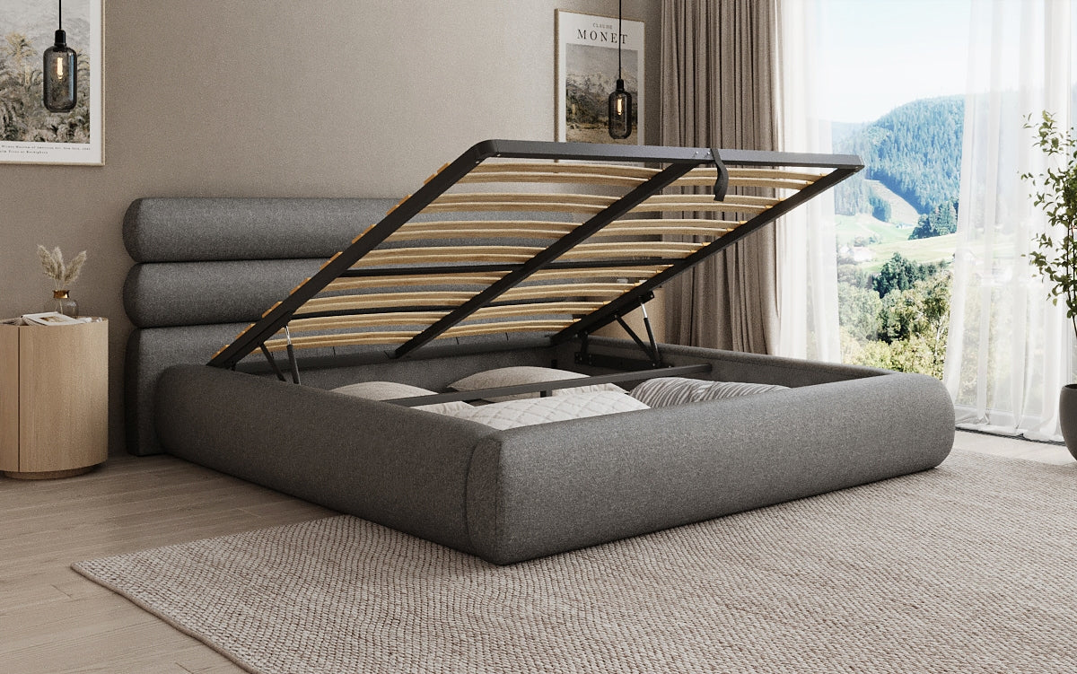 Lit rembourré design Joline en tissu structuré avec espace de rangement