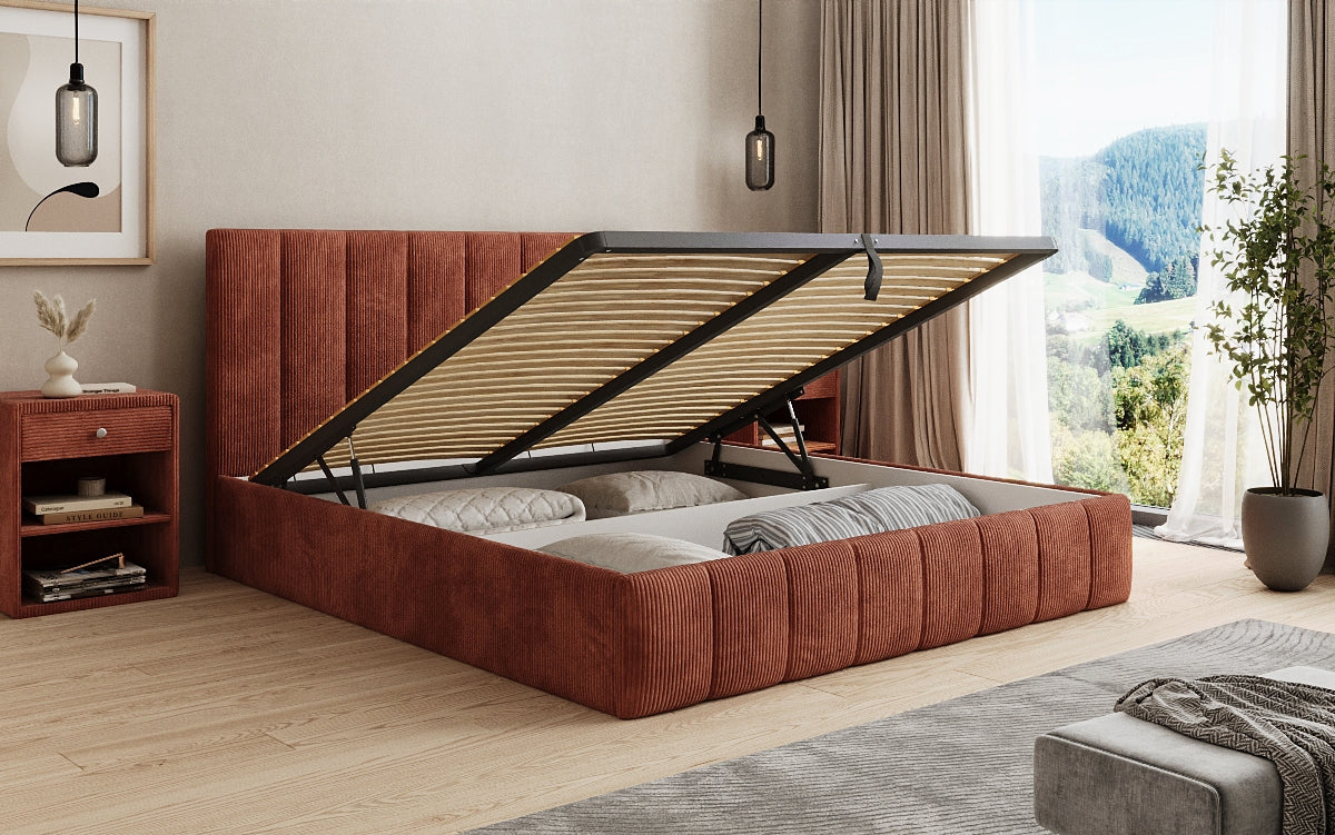 Lit rembourré design Mila en Côtelé avec espace de rangement