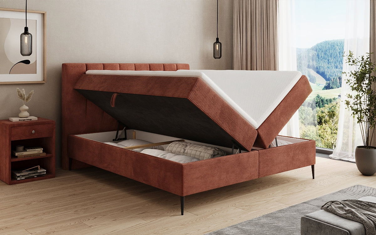 Lit boxspring Lucca en Côtelé avec rangement et pieds