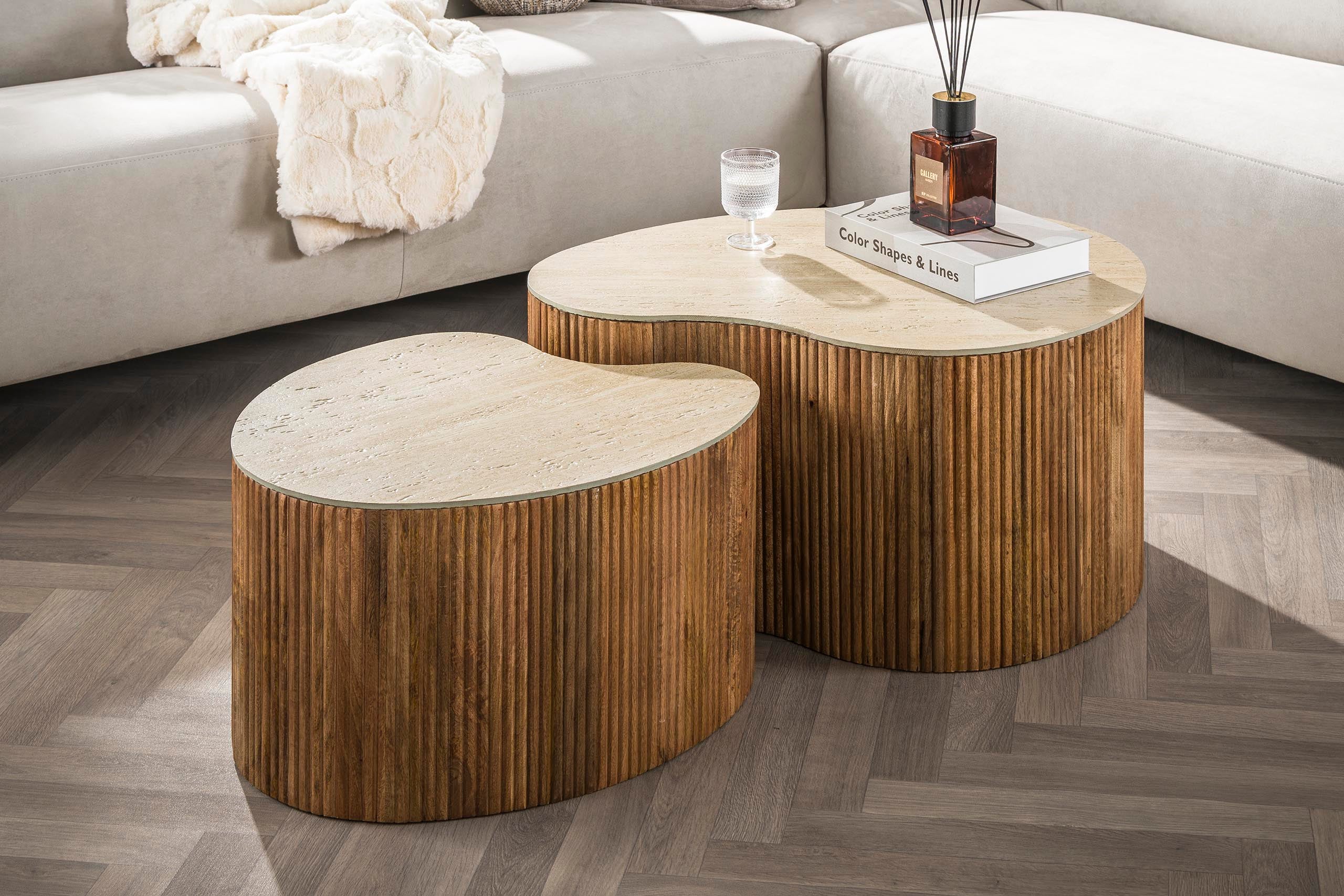 Table basse Tavara - lot de 2 en bois de manguier couleur sable avec plateau en céramique