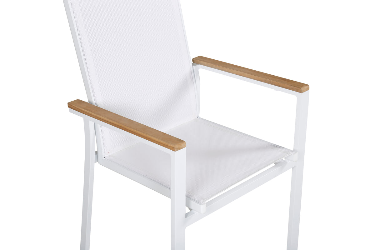 2er Set Gartenstuhl Lua - aus weißem Aluminium, mit Sitzfläche aus Textilene und Teakholz-Details
