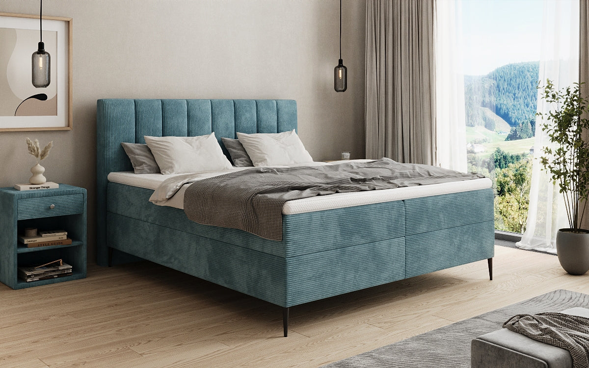Lit boxspring Lucca en Côtelé avec rangement et pieds