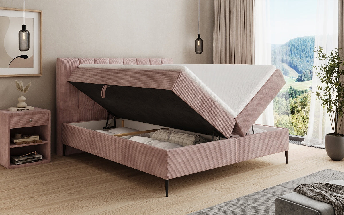 Lit boxspring Lucca en Côtelé avec rangement et pieds