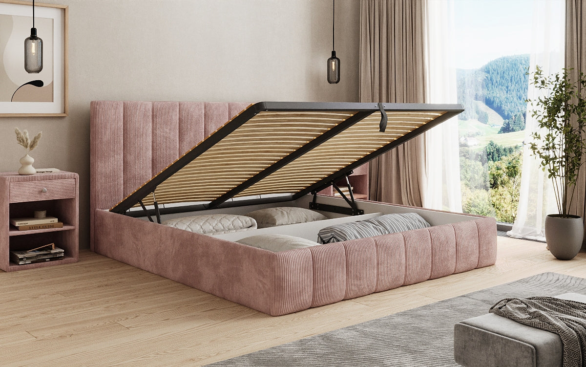 Lit rembourré design Mila en Côtelé avec espace de rangement