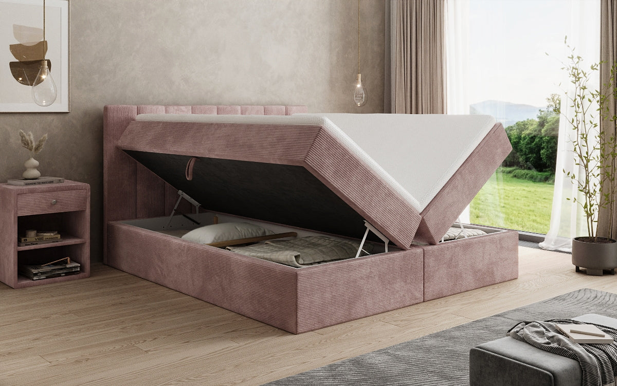 Lit boxspring Sofia en Côtelé avec espace de rangement