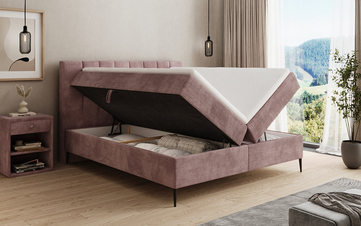 Lit boxspring Lucca en Côtelé avec rangement et pieds