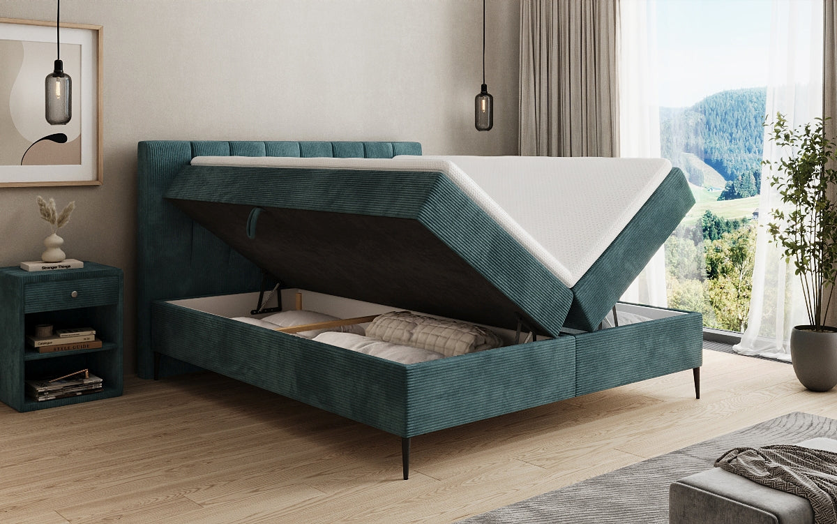 Lit boxspring Lucca en Côtelé avec rangement et pieds